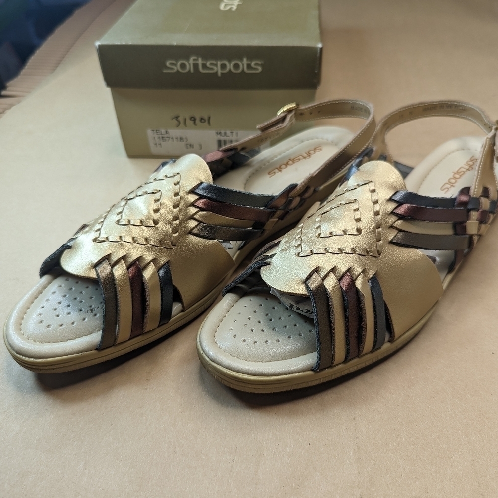 Softspots Women's Tela Brown /Gold leather Slingback Sandals Shoes 11 Narrow